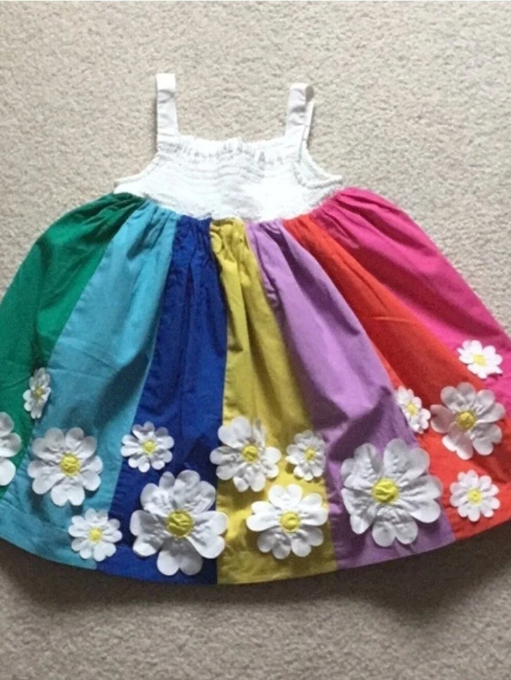 HTF Mini Boden White Smocked Top Rainbow Panel Dress with Daisy Appliqués